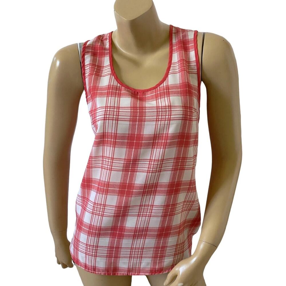 JAPNA Womens Size Small Sleeveless Semi Sheer Plaid Back Zip Tank Top Shirt